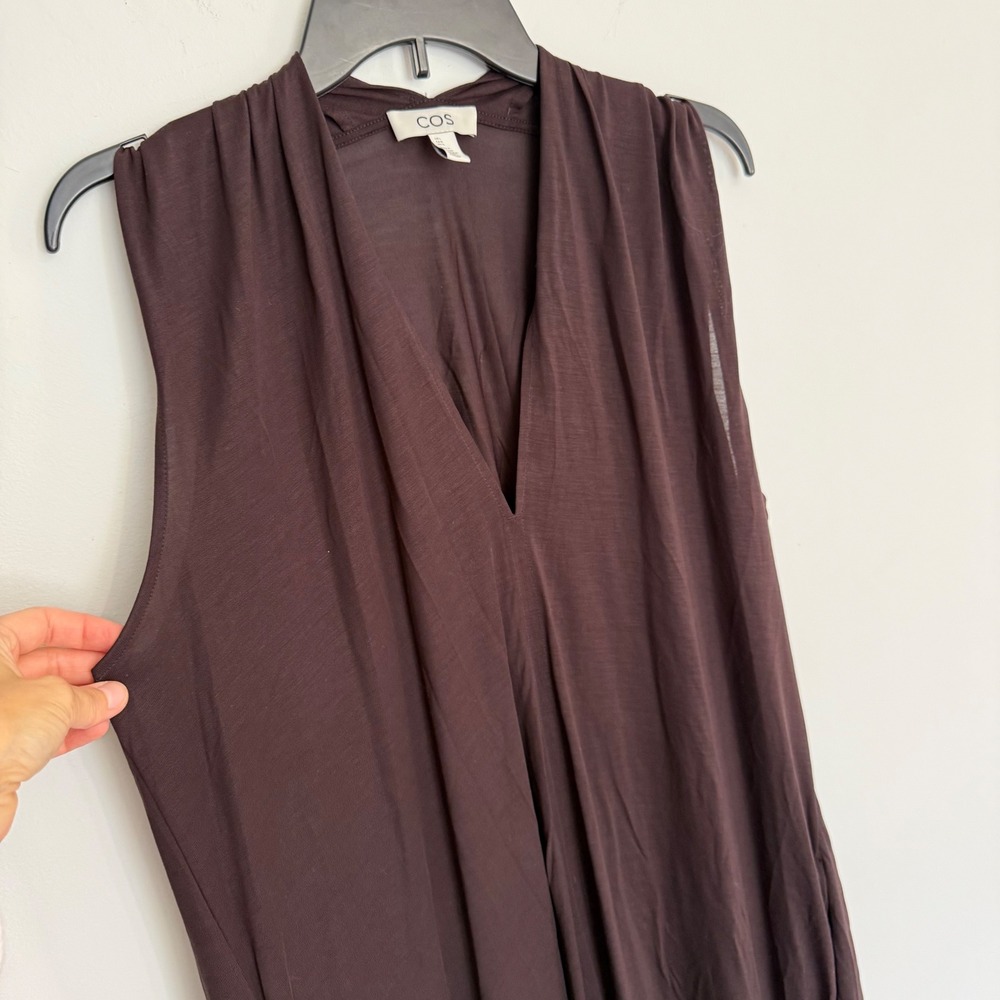 COS Sleeveless V-Neck Draped Maxi Dress Brown Jersey Knit Size Large - Picture 5 of 13